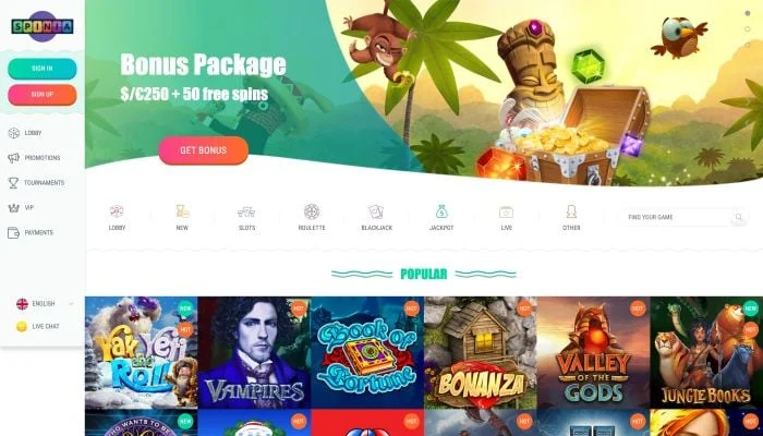 Spinia casino lobby on desktop